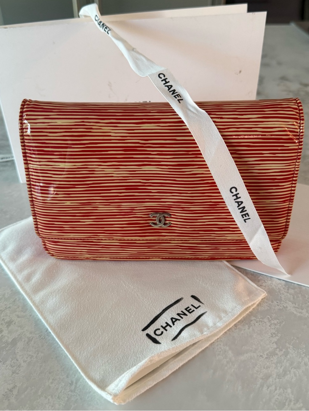 CHANEL Red and White Striped Patent Leather WOC/Clutch